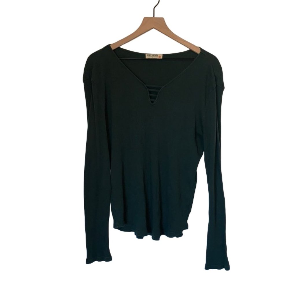 Ruff Hewn Long Sleeve Laced V-neck Forrest Green Tee Shirt Top Large L